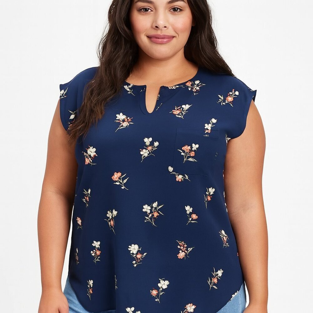 Lily White Blue Floral Blouse XL – Short Sleeve Scoop Neck Shell Top